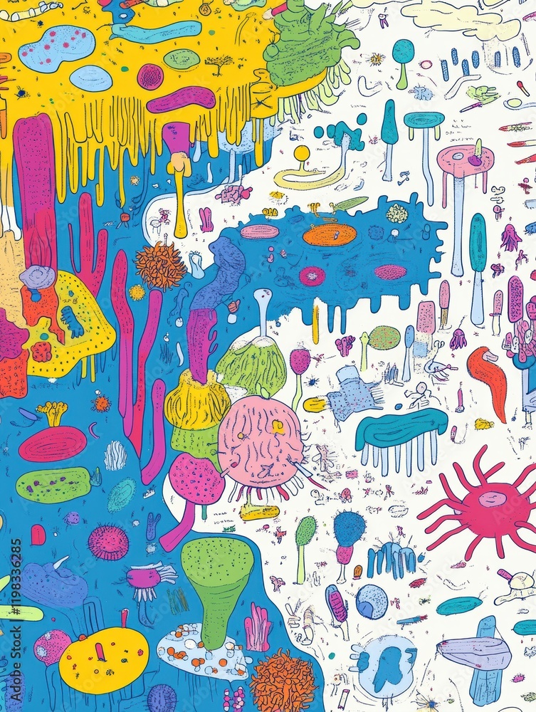 Poster exploring a vibrant map filled with playful bacteria colonies as colorful cities. generative ai