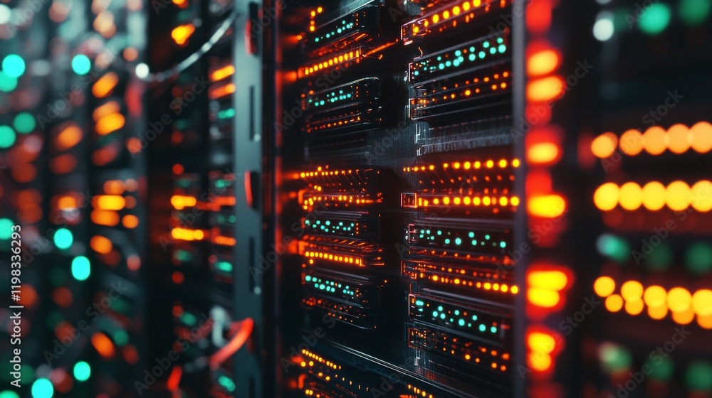 Poster glowing servers: a close-up view of data center technology