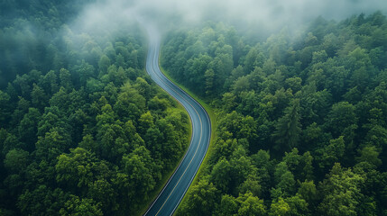Misty Forest Road Winding Through Lush Greenery
