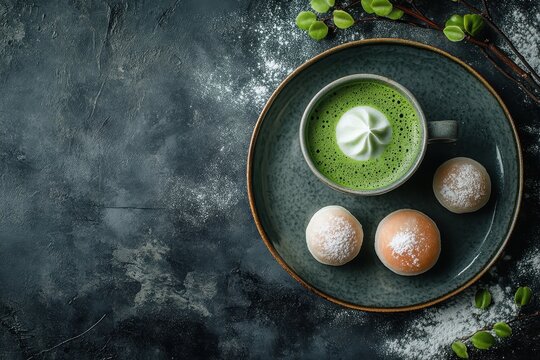 Mochi dessert with matcha latte overhead view