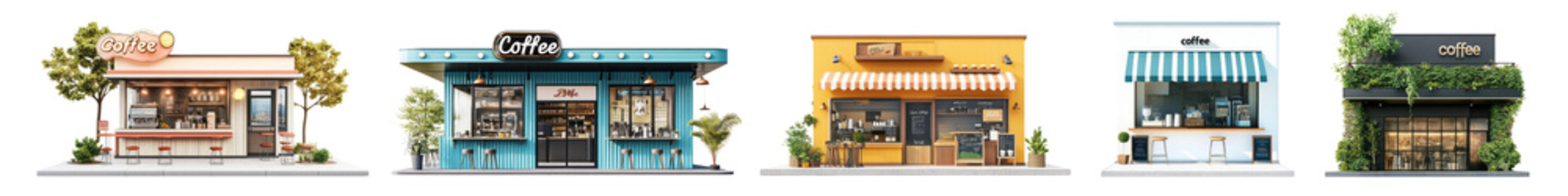 PNG Charming small cafes in row, isolated element set, transparent background