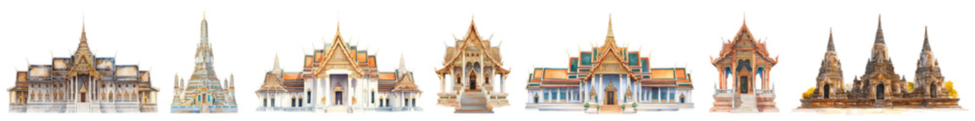Fototapeta premium Watercolor Asian landmarks png cut out element set, transparent background