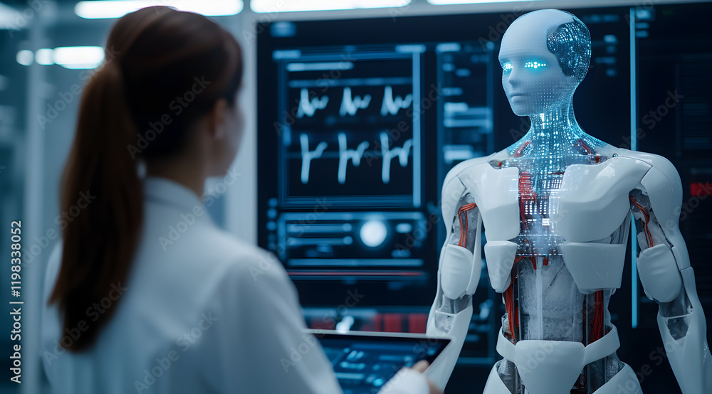 Aufkleber a scientist interacts with a humanoid robot in a high-tech lab, showcasing advanced technology and h