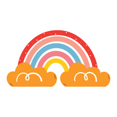 cute hand drawing cartoon boho rainbow with orange clouds. cute sky element sticker