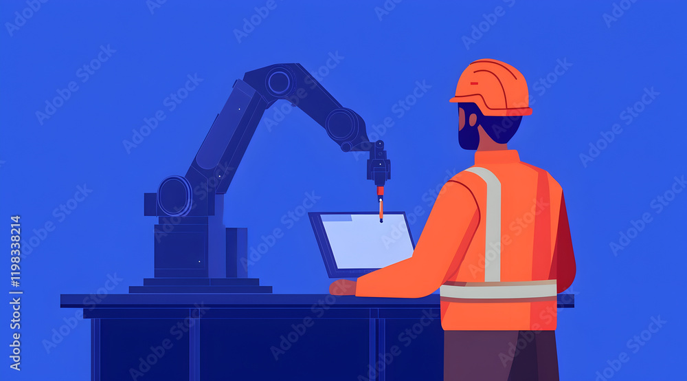 Aufkleber a worker in safety gear operates a robotic arm while monitoring a computer screen in a modern indust