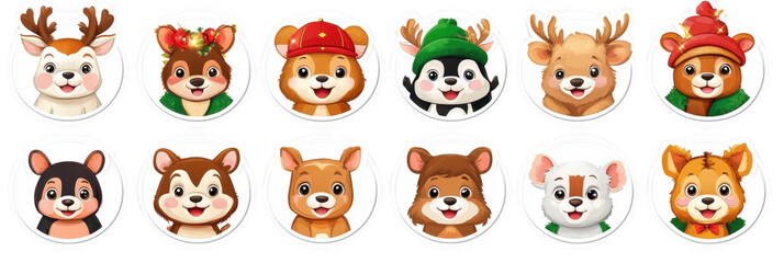 Obraz premium Cute cartoon animal stickers featuring various characters with festive accessories. These adorable designs include deer, bears, and other animals, perfect for holiday themed projects