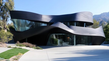 Modern black house with flowing design, large windows, and mountain views.