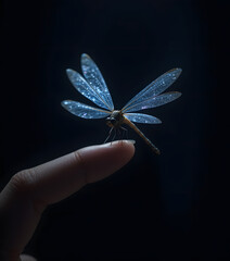 Dragonfly with Glowing Wings Landing on Fingertip