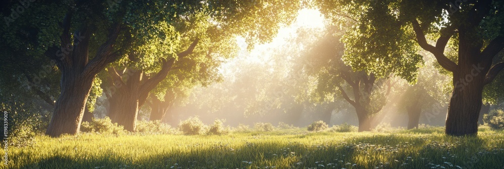 Poster serene green forest with sunlight filtering through leaves creating a peaceful atmosphere and a clea