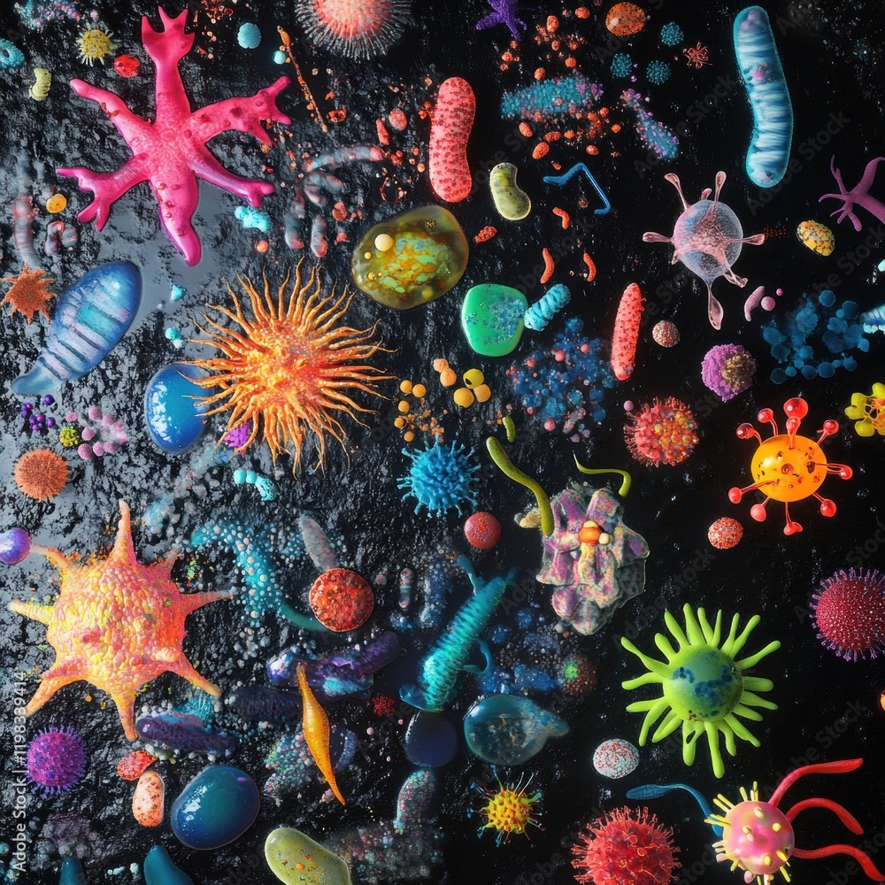 Aufkleber Vibrant array of bacteria and microbes showcasing diverse life forms in microscopic detail under black background. Generative AI