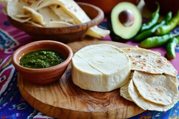 Oaxacan cheese on a wooden board next to green sauce tortillas chili peppers and avocado on a colorful tablecloth