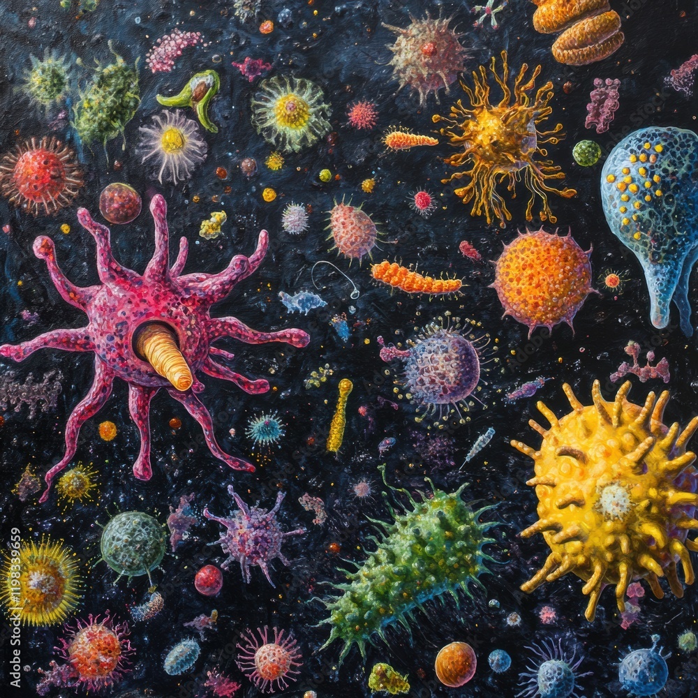 Fototapete Colorful array of bacteria and microbes thriving in a microscopic underworld environment. Generative AI