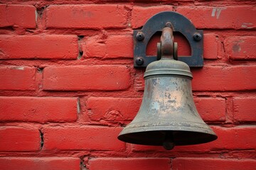 Fototapeta premium Old fashioned fire alarm bell on a red brick wall