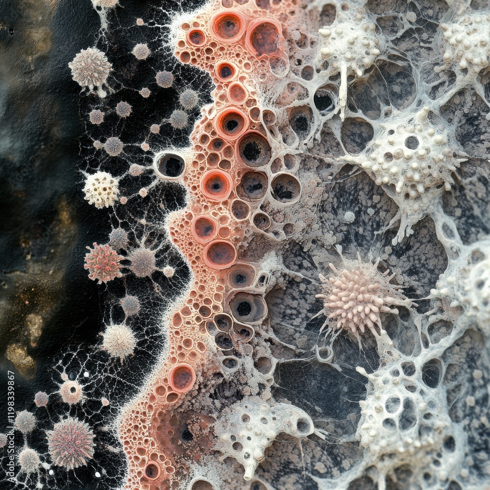 Aufkleber Microscopic view of a dense layer of microbes showing intricate structures and diverse shapes in a dark habitat. Generative AI