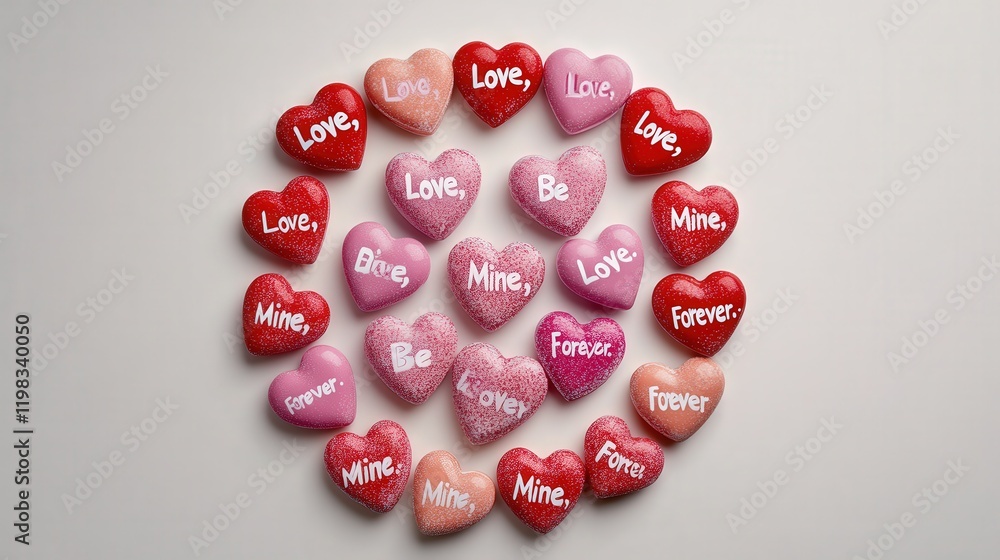 Poster valentine day logo with candy hearts arranged in a circular pattern, each one displaying words like 