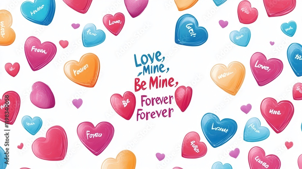 Poster valentine day logo with candy hearts arranged in a circular pattern, each one displaying words like 