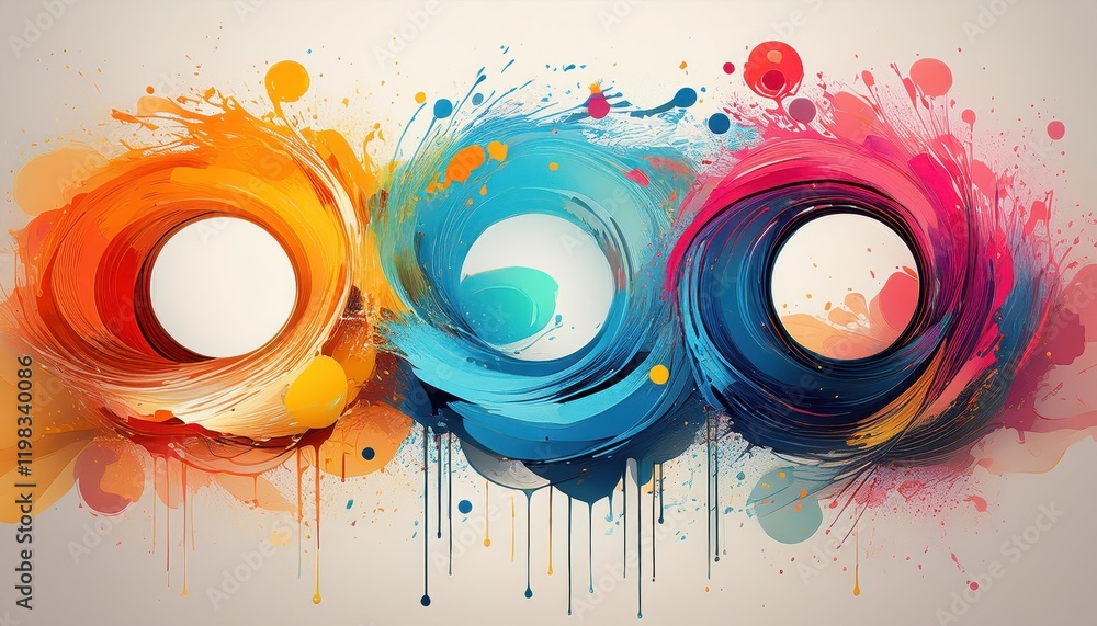 Poster vibrant triptych of paint splashes on a light backdrop three colorful circular explosions in a joyou