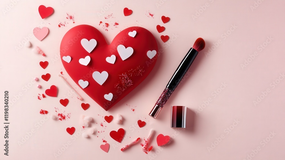 Poster valentine setup with white and red heart paper stickers forming a large heart shape on a smooth whit