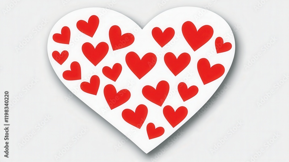 Poster valentine setup with white and red heart paper stickers forming a large heart shape on a smooth whit