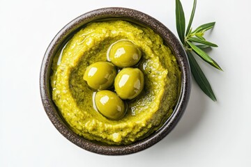 Olive paste from green olives Spreadable green olive mixture in a bowl on white background Aerial view