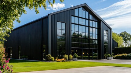 Naklejka premium Modern black metal building with large windows, landscaping, and driveway.