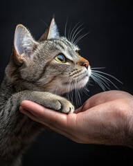 A serene moment captures a cat resting its paws on a hand, showcasing the bond between humans and their feline friends against a dramatic black backdrop.