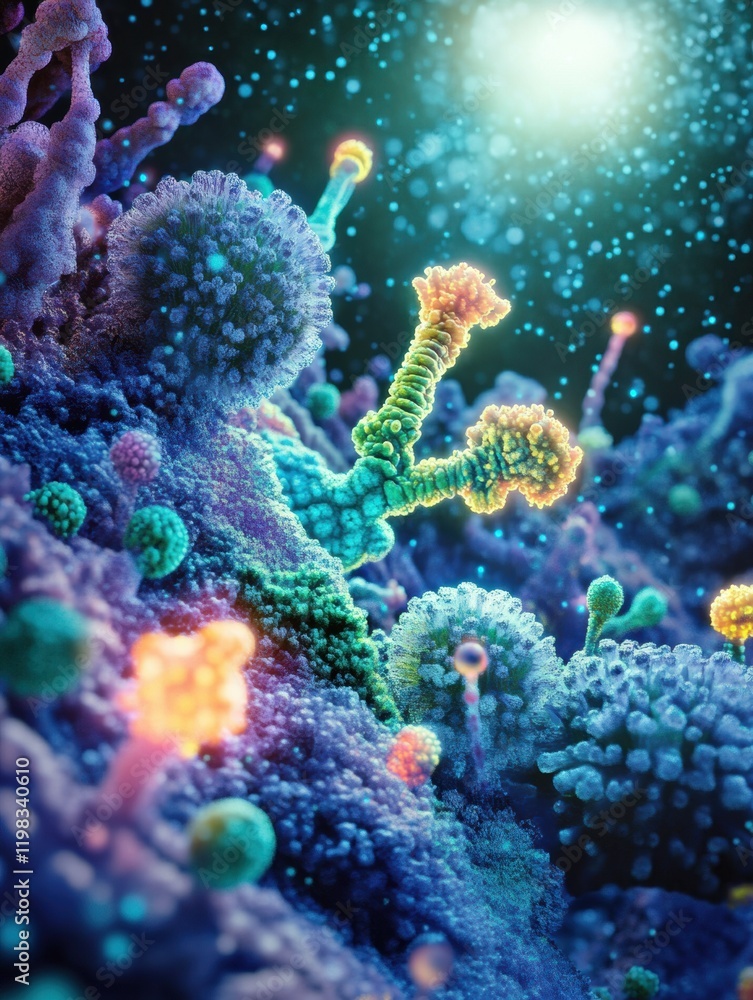 Aufkleber close up view of molecular interactions among diverse microbes in a vibrant ecosystem rich in color 