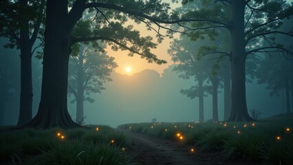 Nestled in the heart of a verdant forest, an enchanting dirt path winds through lush, dark green grass. Small, twinkling orange lights dot the landscape, casting a magical glow on this serene trail