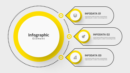 Business Central Circle Infographic Template with Yellow Color, 3 Options and Icon. Suitable for Presentations, Process Diagram, Workflow