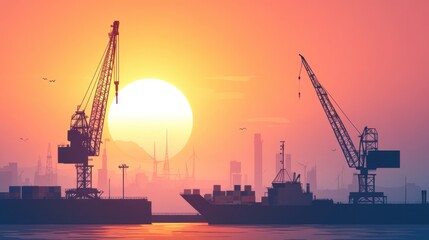 Obraz premium The logistic planner analyzes. Beautiful sunset over cranes and ships in a harbor silhouette.