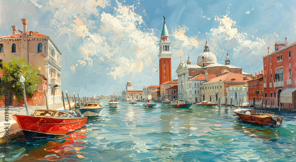 Poster painting of a city with a large tower in the background. the water is calm and there are several boa