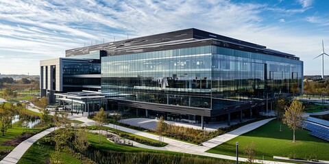the company's headquarters surrounded by environmentally friendly energy sources (wind turbines, solar panels)