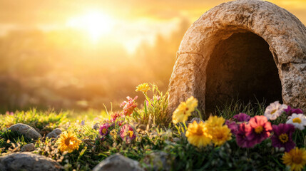 A serene scene featuring a stone structure surrounded by colorful flowers, illuminated by warm sunlight during sunrise.