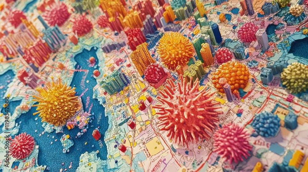 Poster playful representation of bacteria colonies depicted as vibrant cities on a colorful map full of fun