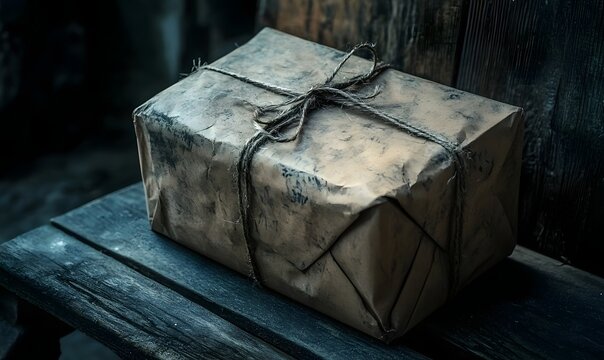 Rustic, aged package tied with twine on wooden surface.
