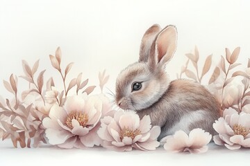 A soft, illustrated rabbit nestled among delicate flowers.