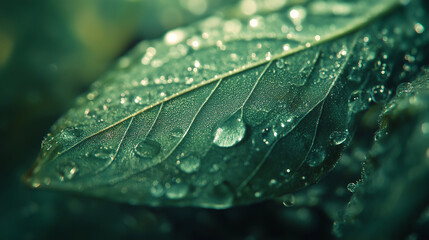 Fototapeta premium High Resolution Macro Photography of a Green Leaf with Water Droplets and Natural Texture Showcasing Vein Patterns