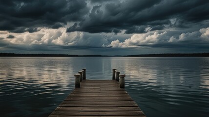 Fototapeta premium dock lake,Lonely Dock Against Rippling Waters and Cloudy Skies