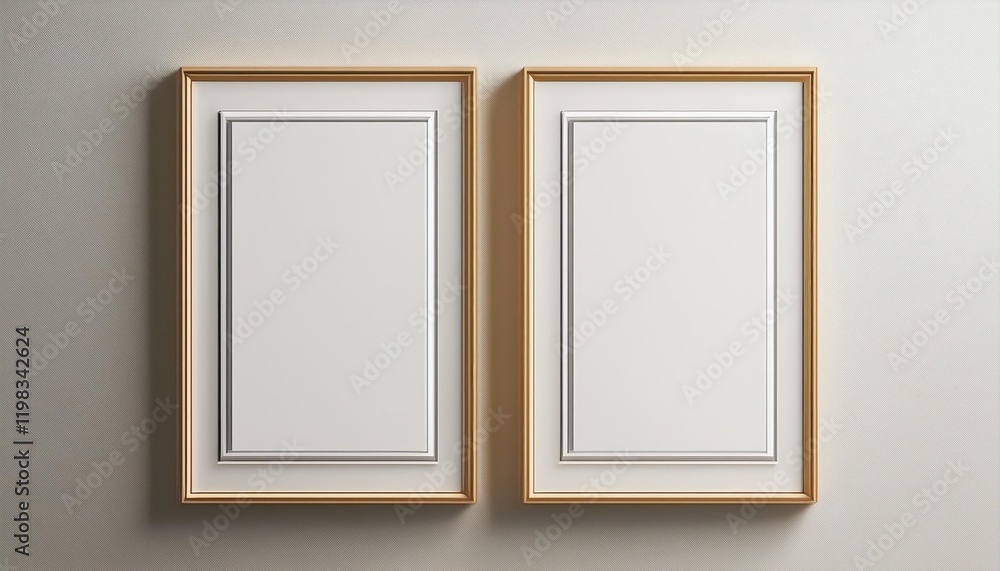Poster two vintage picture frames hanging on a white wall, showcasing an empty canvas in a minimalist setti
