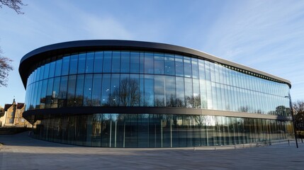 Fototapeta premium Modern curved glass building exterior on sunny day.