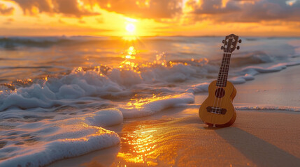 guitar on the beach at sunset
