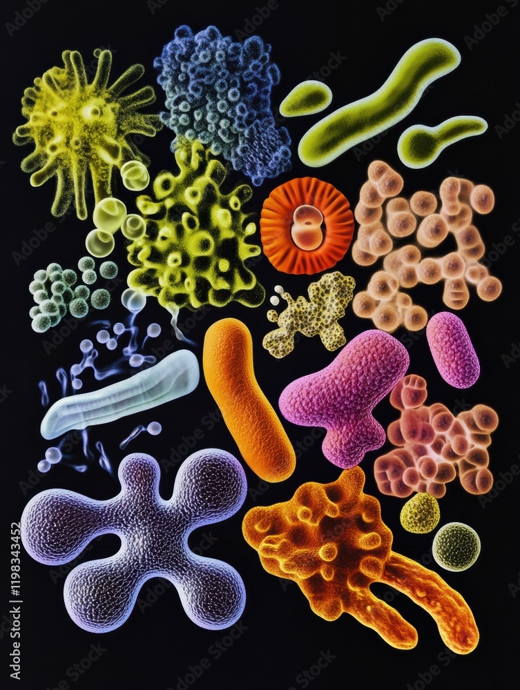 Aufkleber Sequence of evolving bacteria showcasing diverse shapes and colors under microscopic examination in a laboratory setting. Generative AI