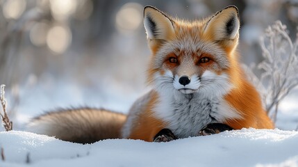Obraz premium Red fox in snowy winter forest. Wildlife photography for nature publications