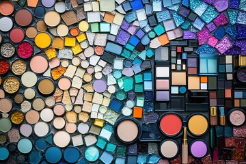 Colorful mosaic of makeup products, including eyeshadow, blush, and lipstick