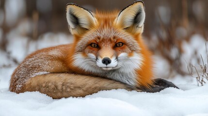 Obraz premium Red fox resting in winter snow, woodland background; wildlife photography