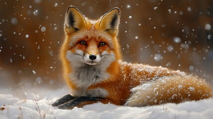 Fototapeta premium Red fox in winter snow, forest background, wildlife scene, nature photography