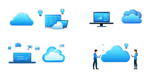 Cloud computing illustrations featuring devices, data, and users interacting with cloud technology. visuals depict various aspects of cloud services, emphasizing connectivity and data management