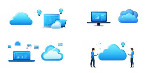 Cloud computing illustrations featuring devices, data, and users interacting with cloud technology. visuals depict various aspects of cloud services, emphasizing connectivity and data management