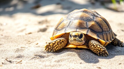 Obraz premium Yellow-footed Tortoise basking in the sun on a sandy beach.