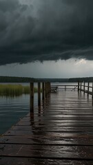 Fototapeta premium dock lake,Rain-Drenched Dock Overlooking a Stormy Lake Scene